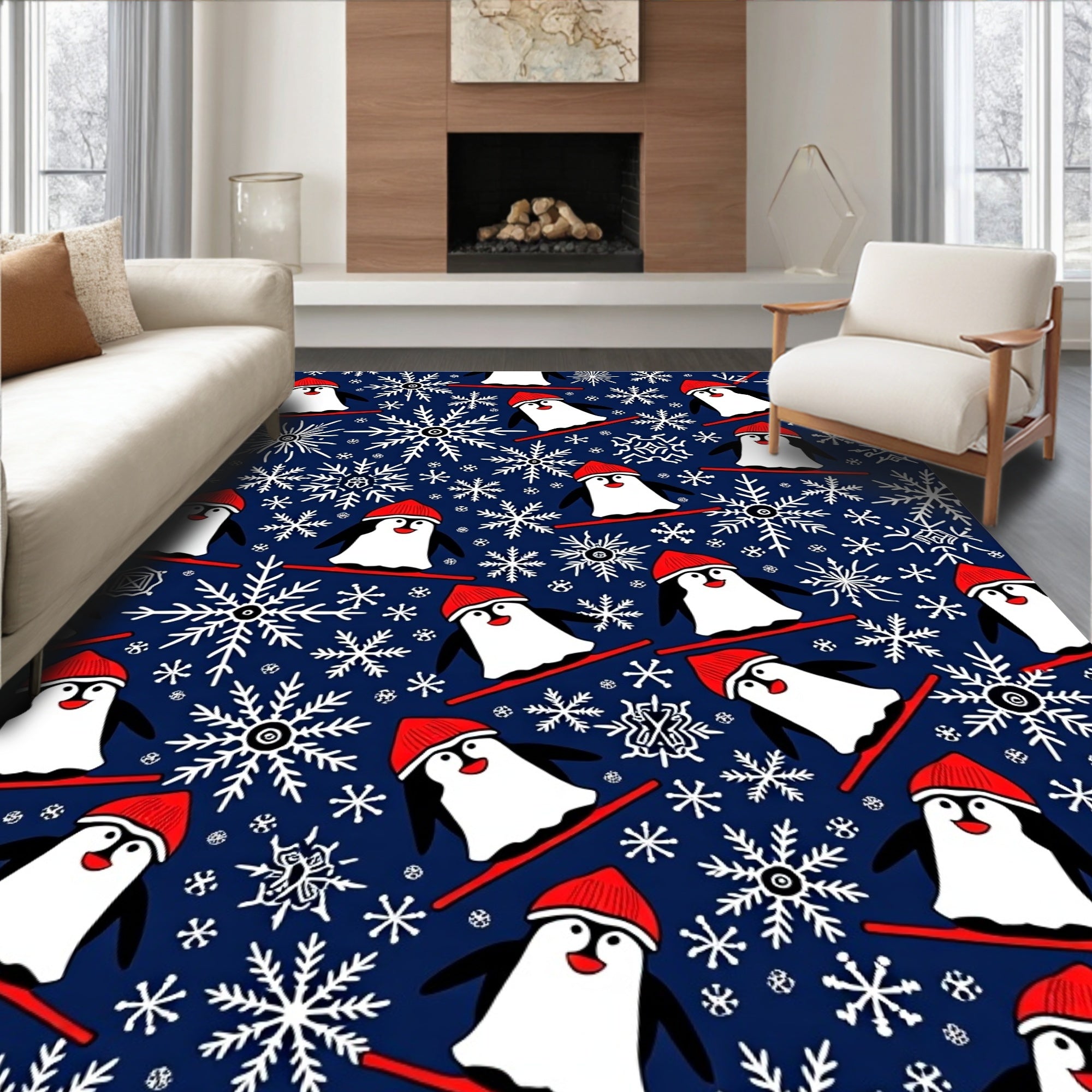 Playful Skiing Penguins Snowflake Navy Rug