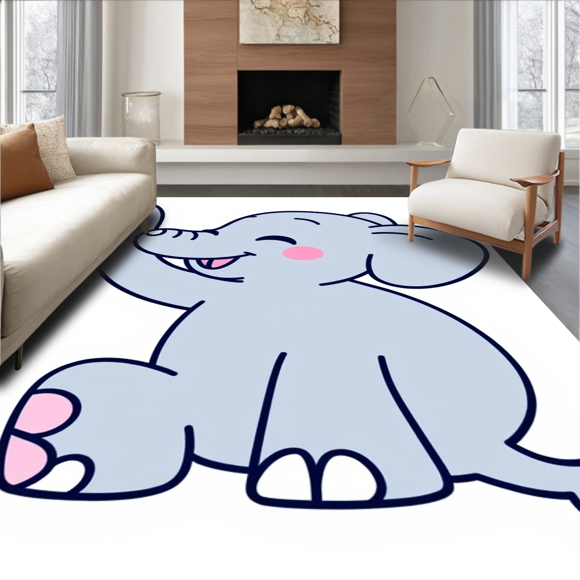 Happy Gray Elephant Baby Cute Rug