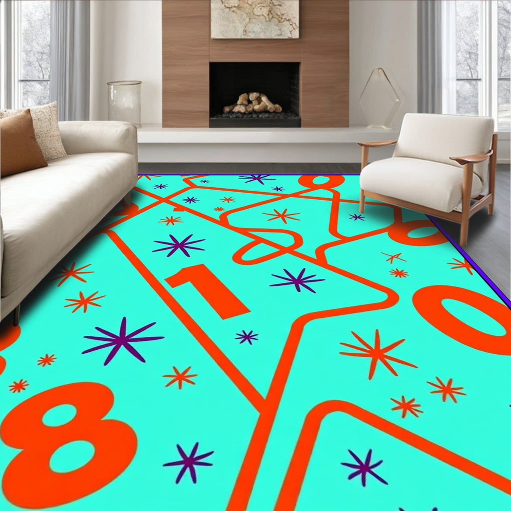 Bright Teal Orange Numbers Starburst Rug