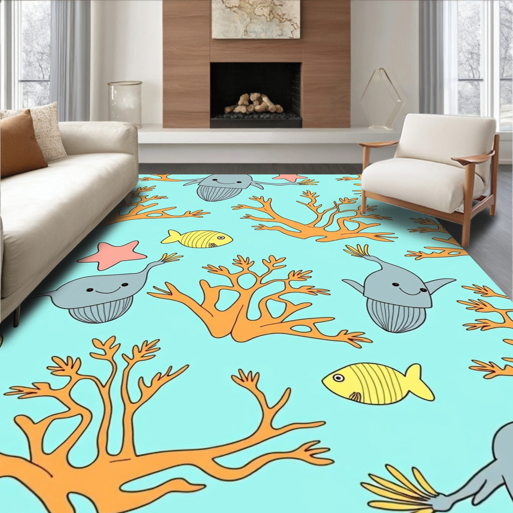 Cartoon Ocean Coral Fish Creatures Rug
