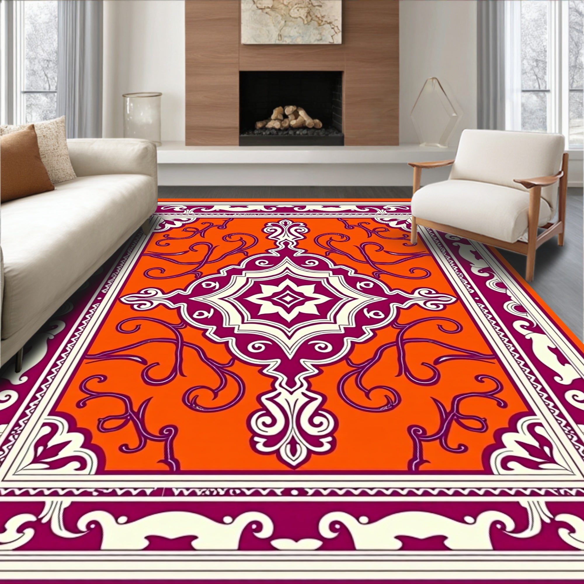 Vibrant Orange Plum Medallion Border Rug
