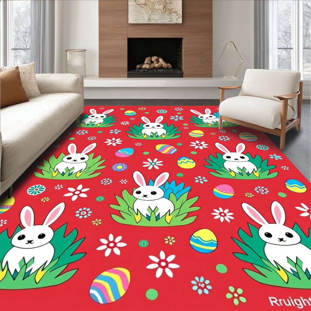 Playful White Bunny Easter Egg Meadow Rug