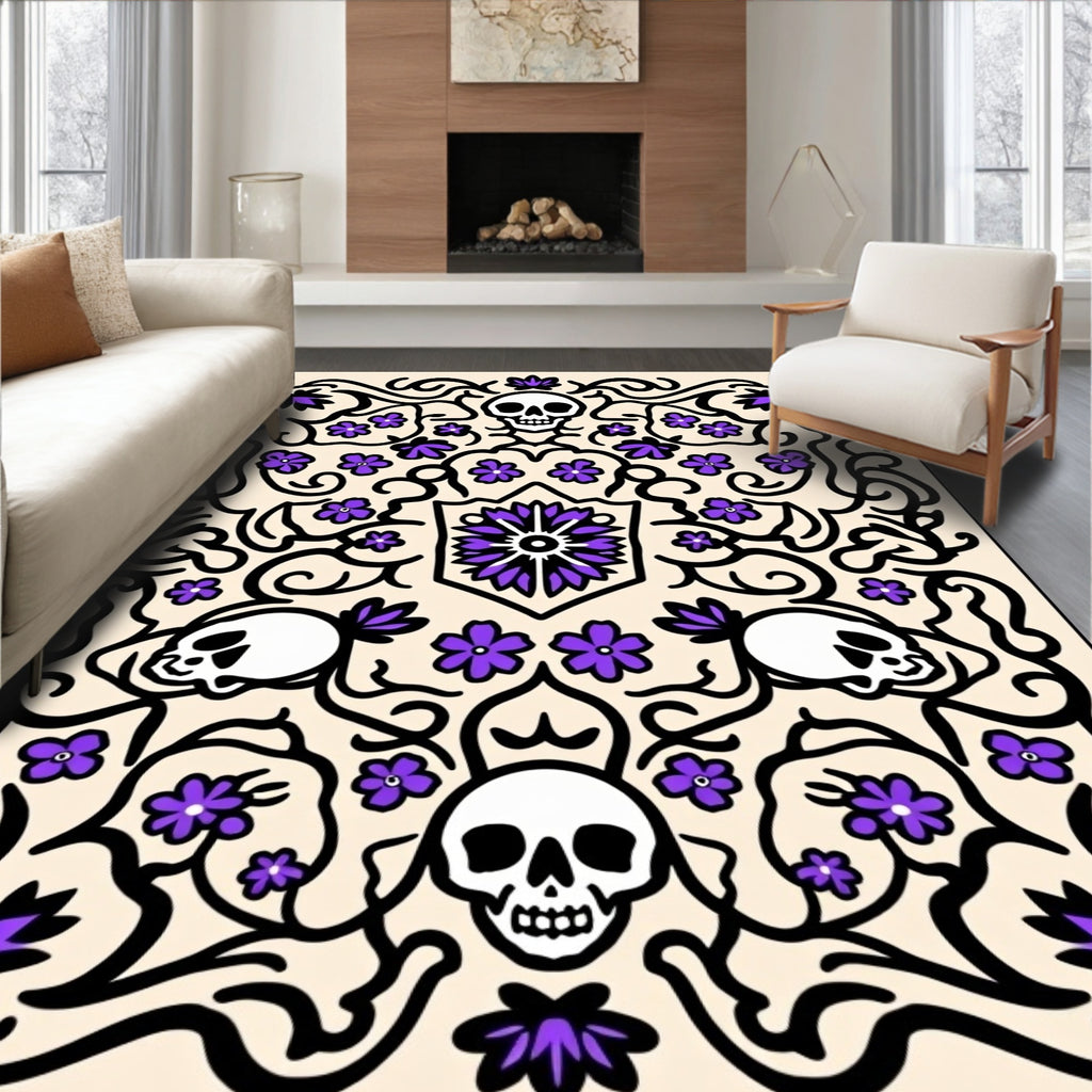 Gothic Skull Purple Flower Scroll Rug
