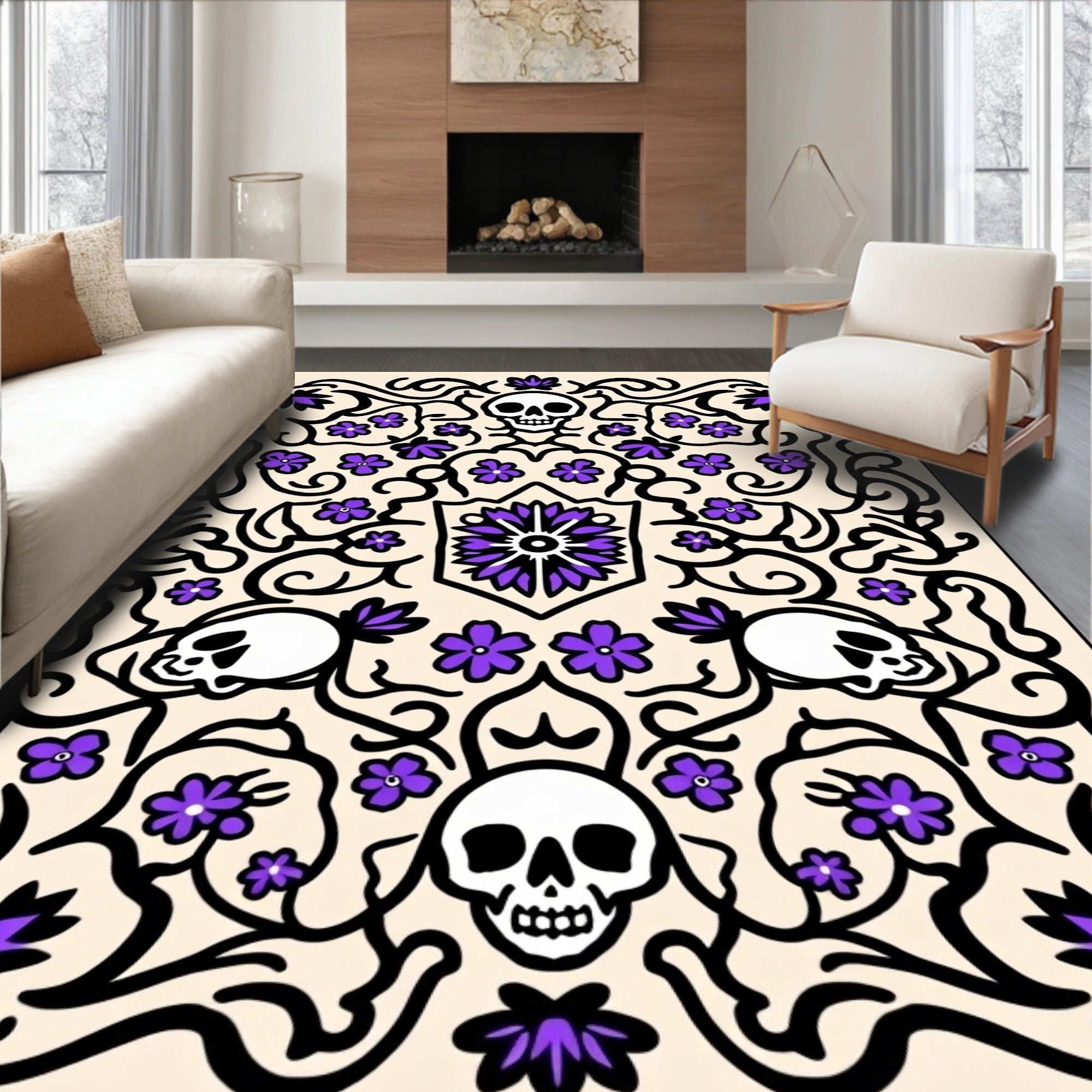 Gothic Skull Purple Flower Scroll Rug