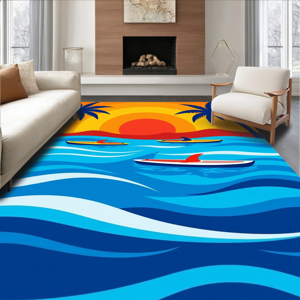 Tropical Sunset Surfboard Ocean Waves Rug
