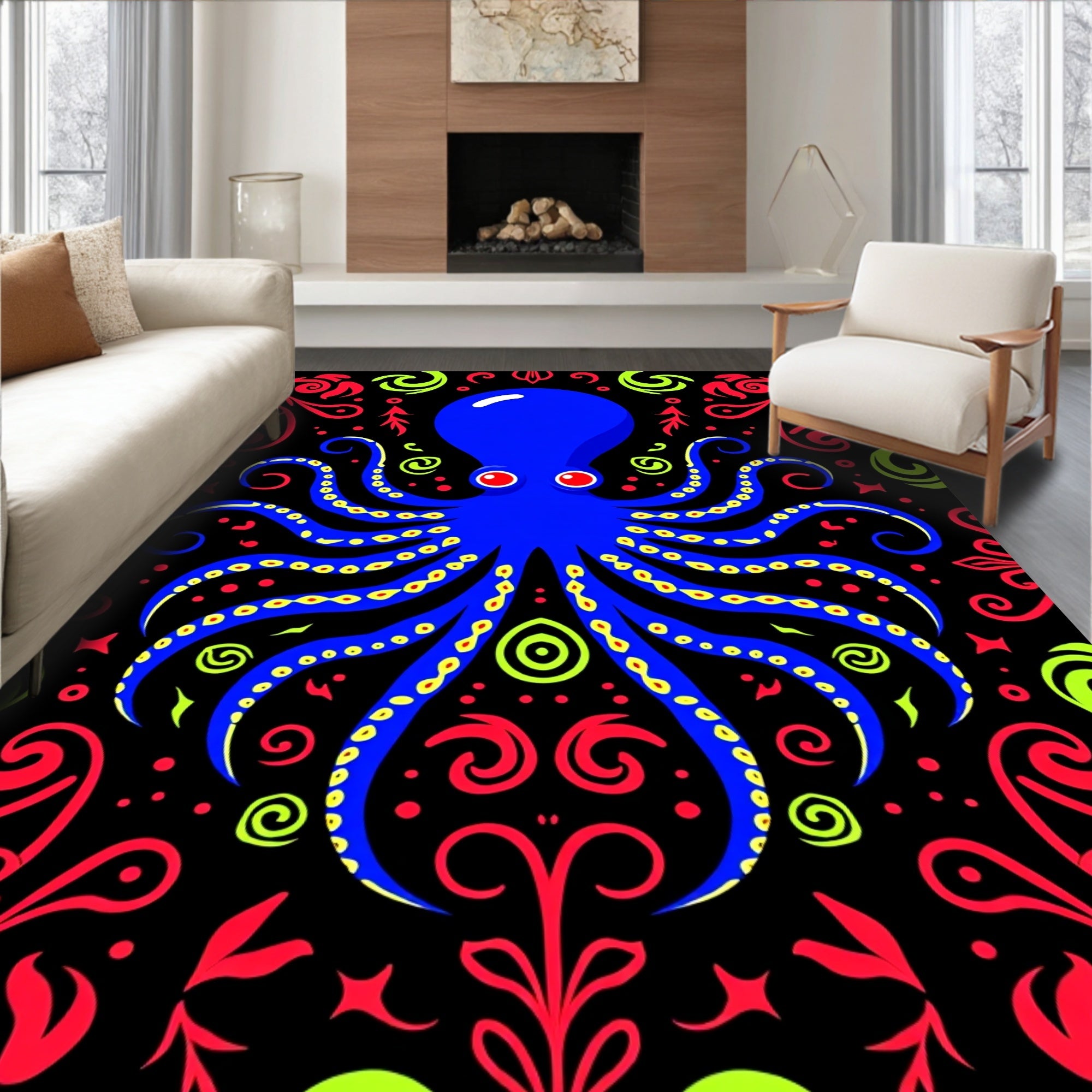 Bold Blue Octopus Red Green Flora Rug