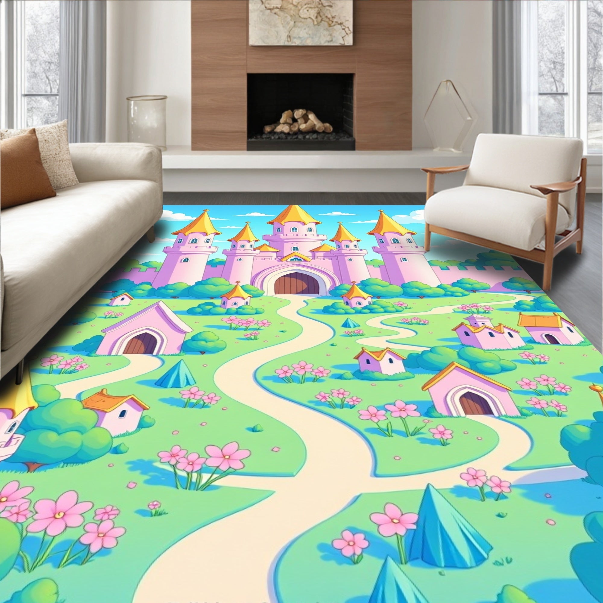 Pink Castle Charming Village Scene Rug