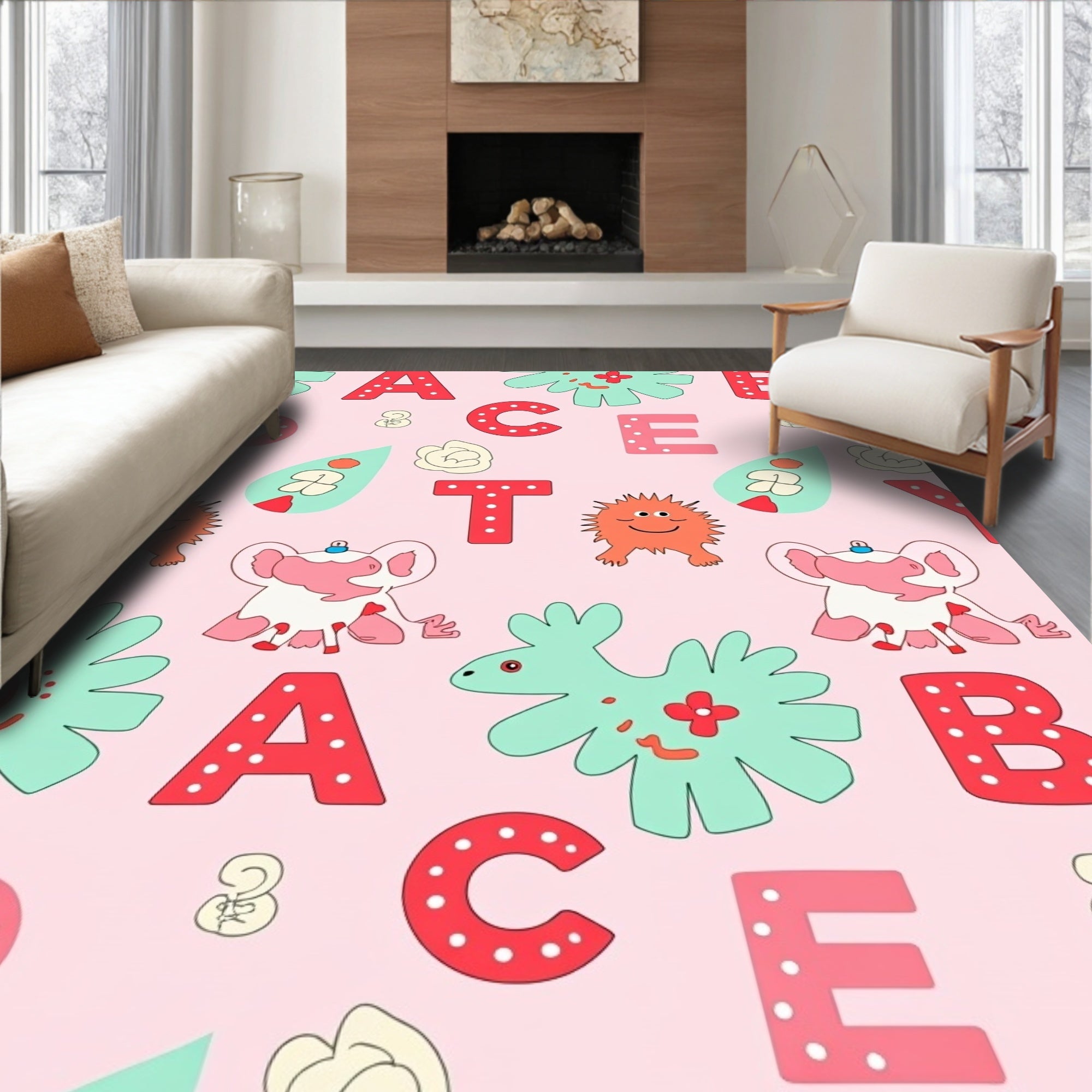 Cute Alphabet Characters Pink Background Rug