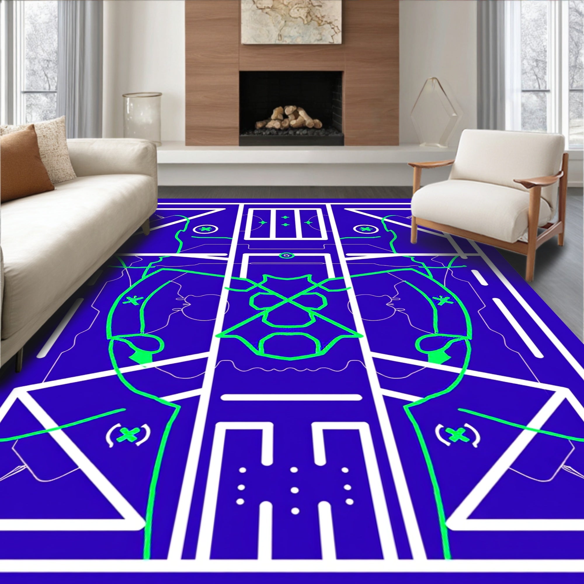 Blue Neon Futuristic Abstract Figures Rug