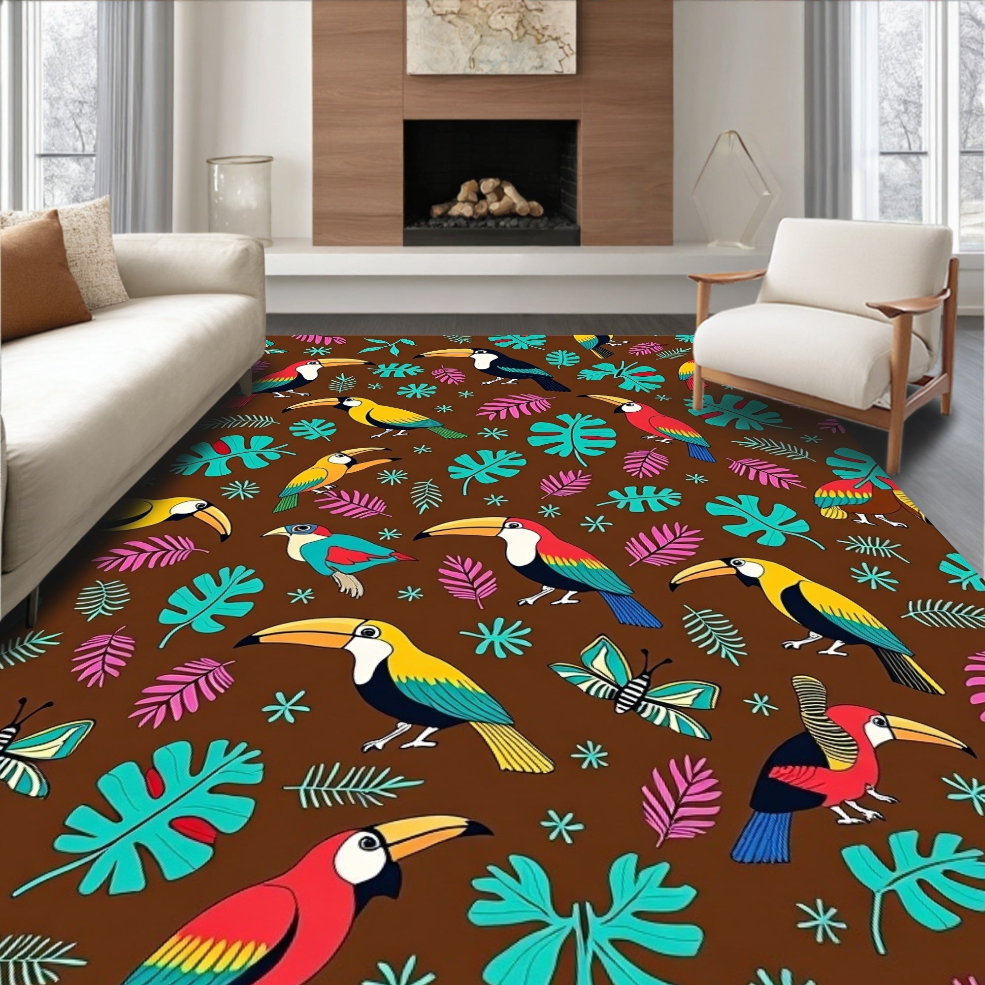 Tropical Toucan Birds and Butterflies Brown Rug