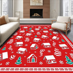 Festive Red Houses Snowflakes Trees Swirls Rug
