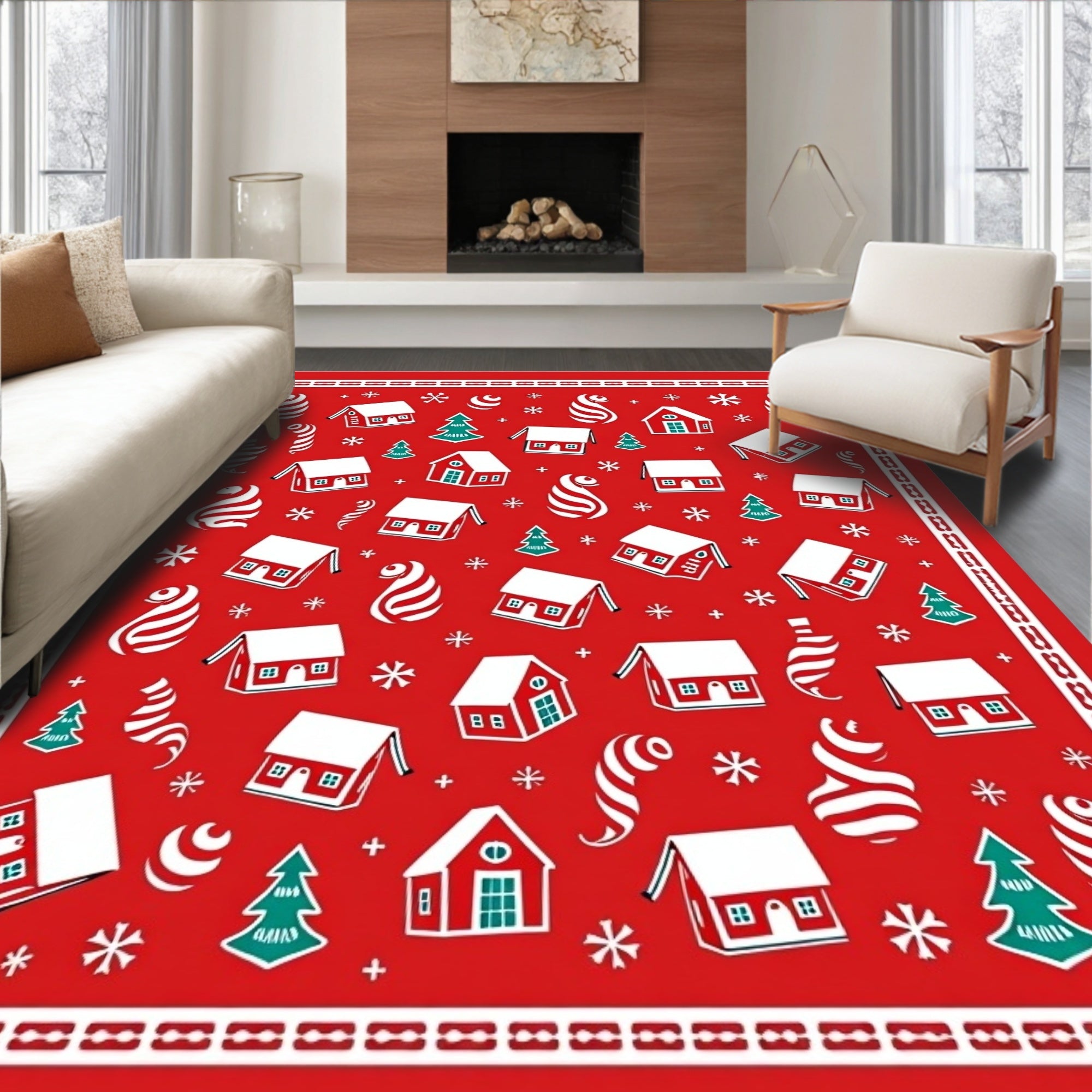 Festive Red Houses Snowflakes Trees Swirls Rug
