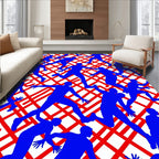 Athletic Blue Figures Over Red Grid Rug