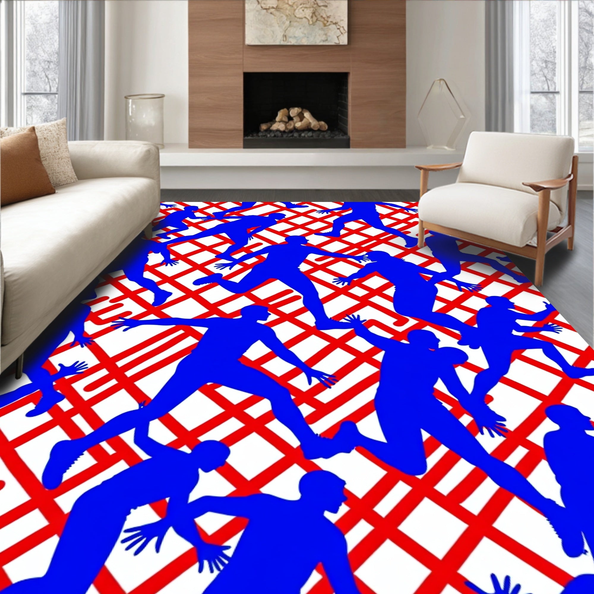 Athletic Blue Figures Over Red Grid Rug