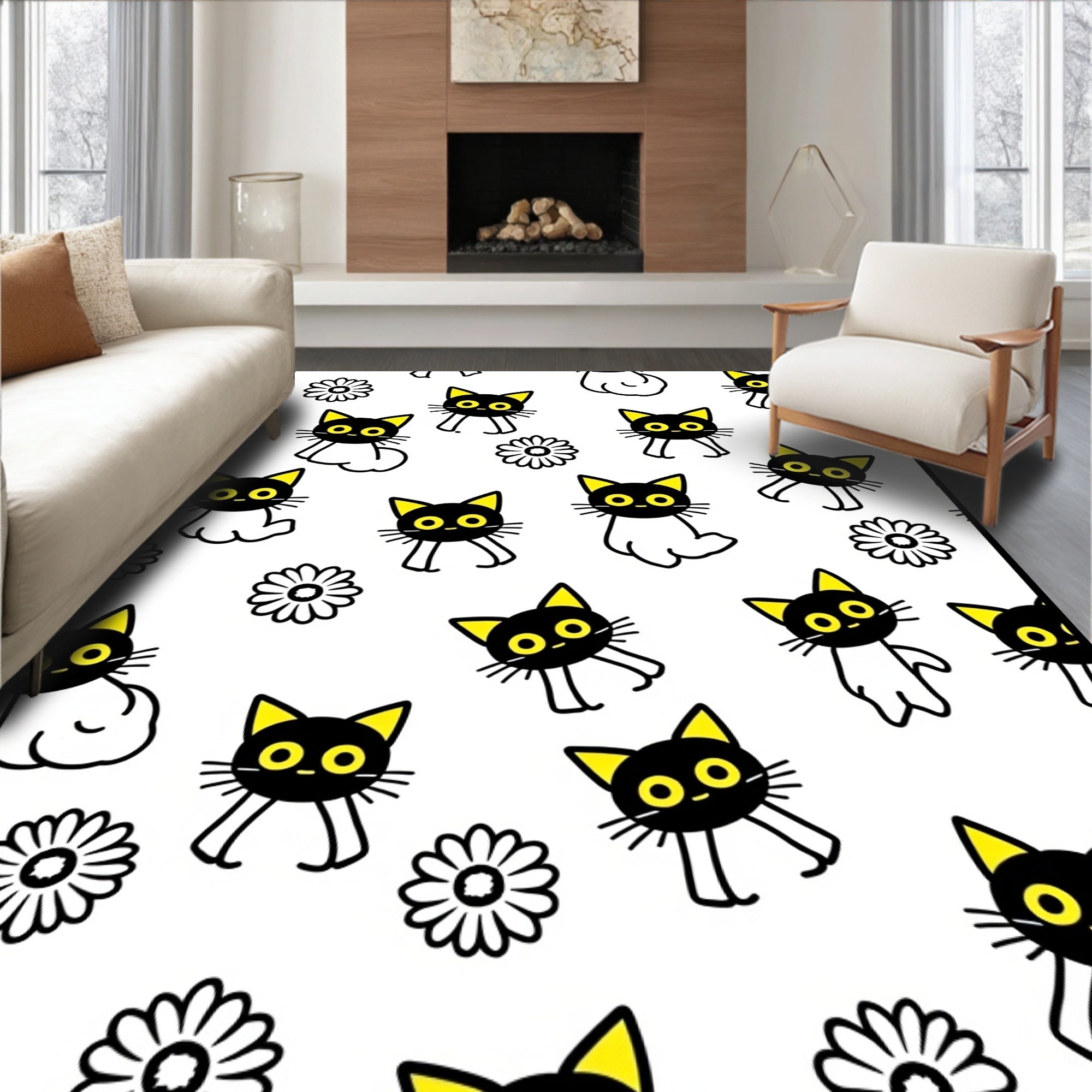 Black Cat Yellow Flower Fun Repeating Rug