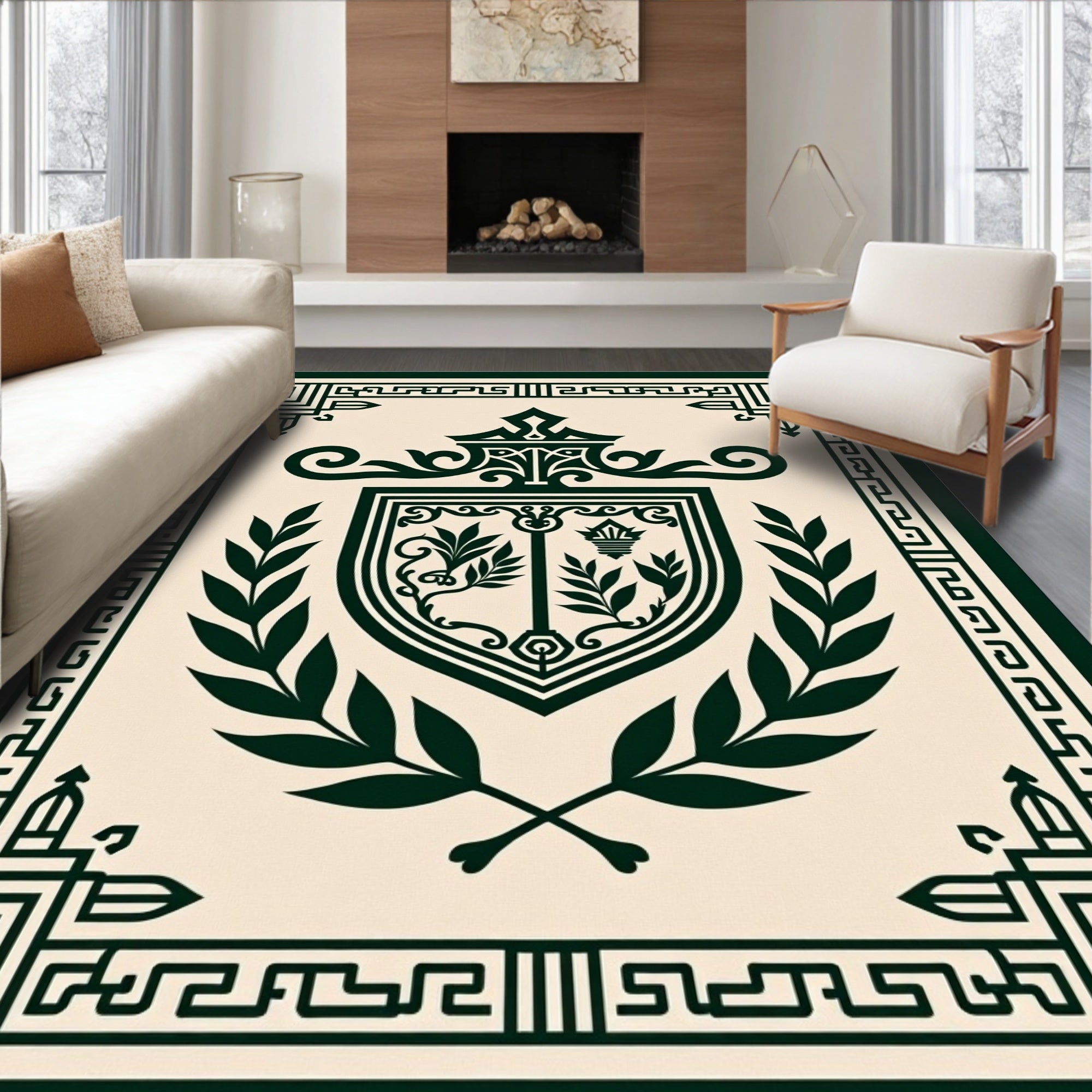 Dark Green Laurel Crest Emblem Rug