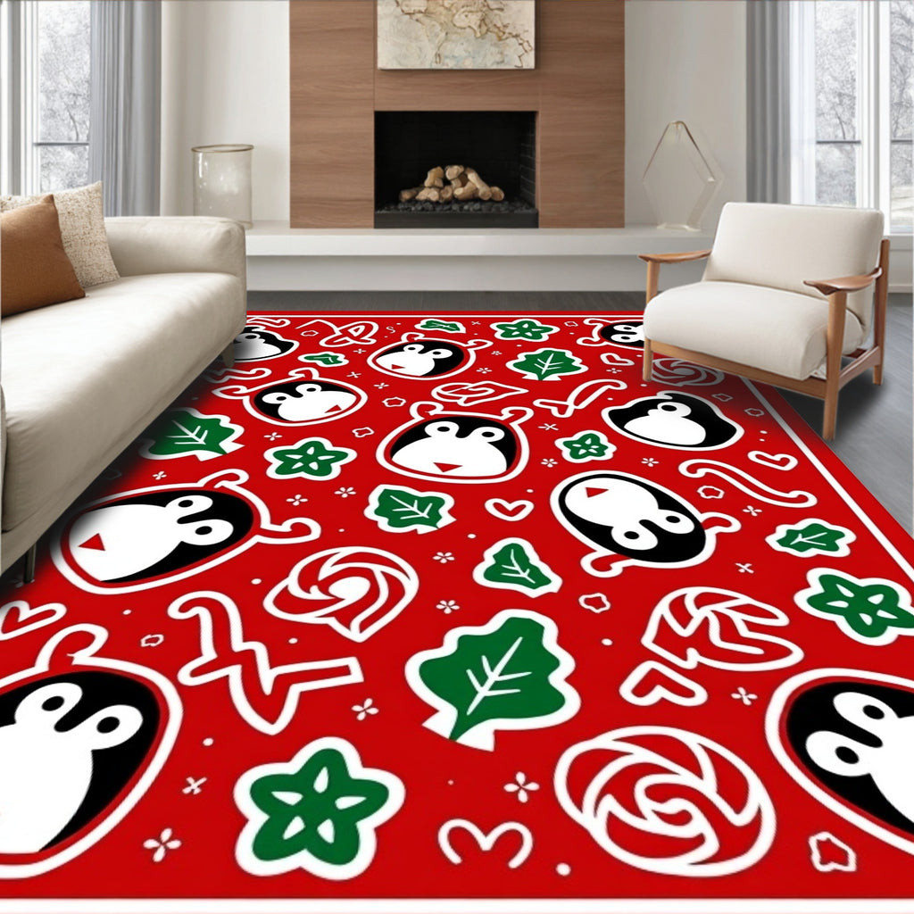 Red Penguin Holiday Collage Rug