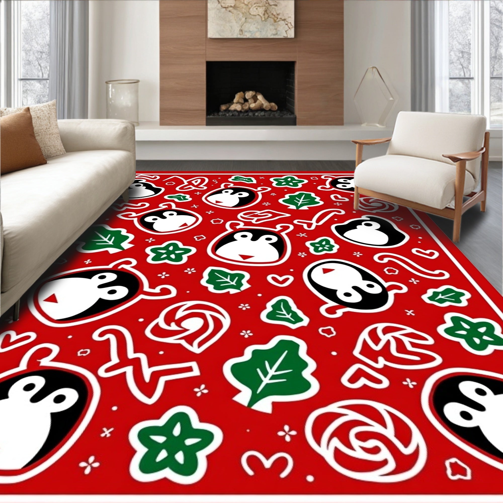 Red Penguin Holiday Collage Rug