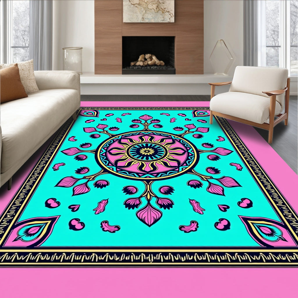 Turquoise Pink Yellow Mandala Sun Rug