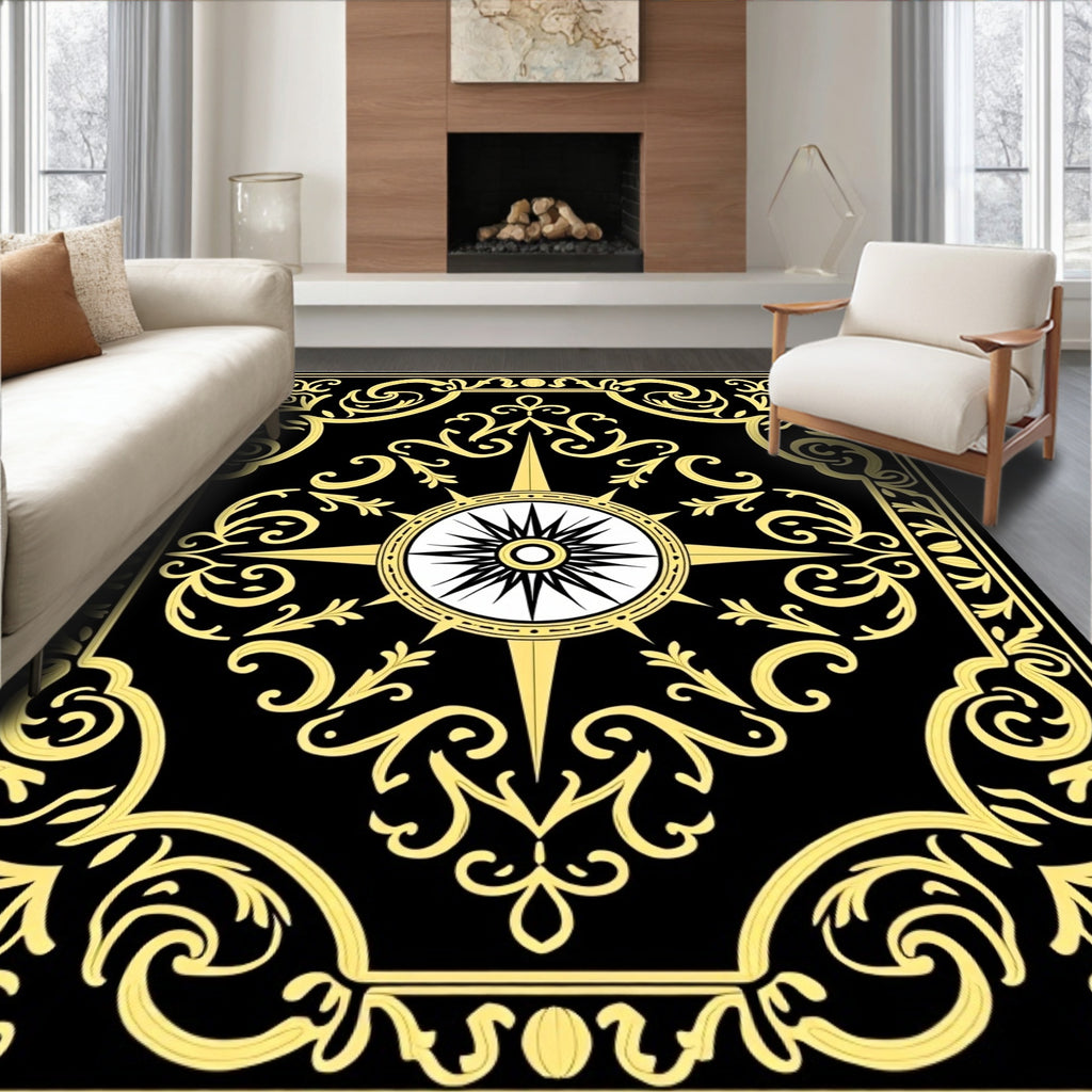 Gold Floral Compass Black Rug