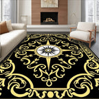 Gold Floral Compass Black Rug