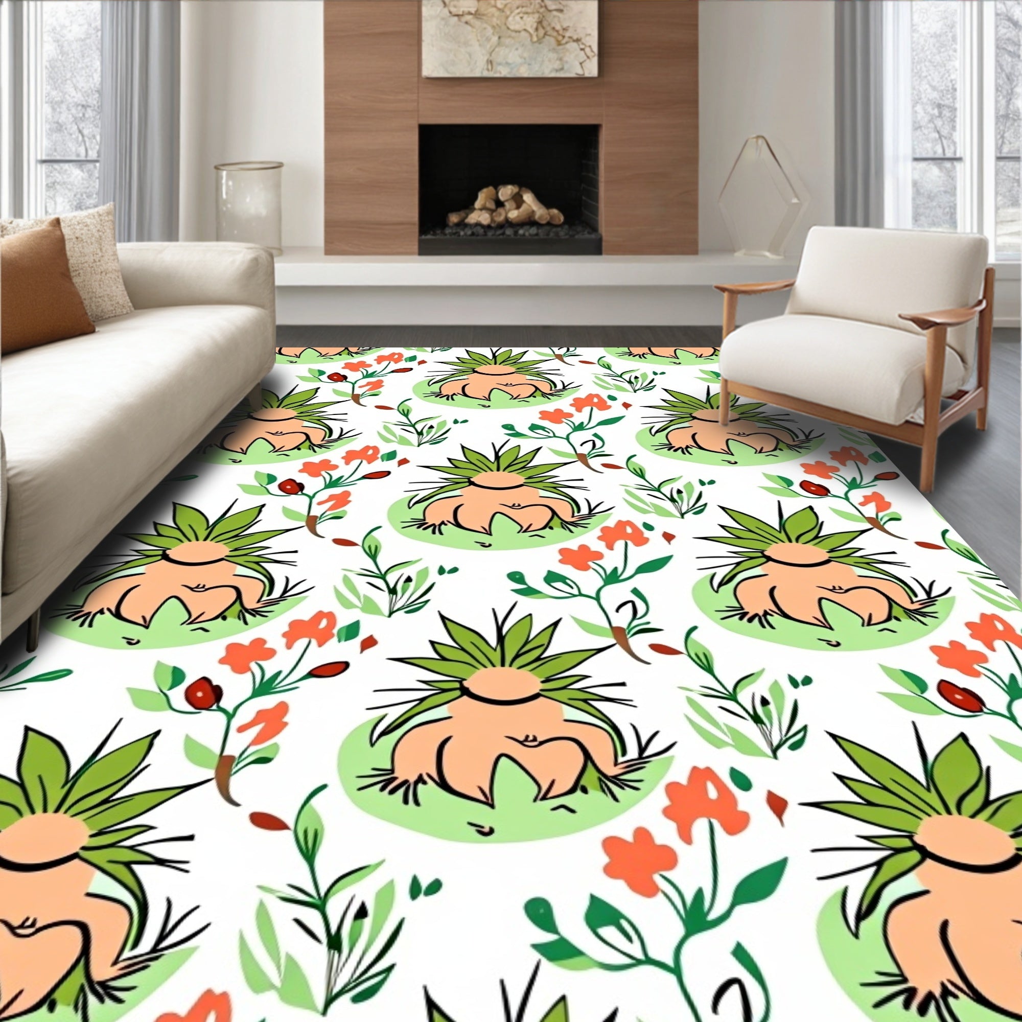 Whimsical Orange Floral Green Creature Rug