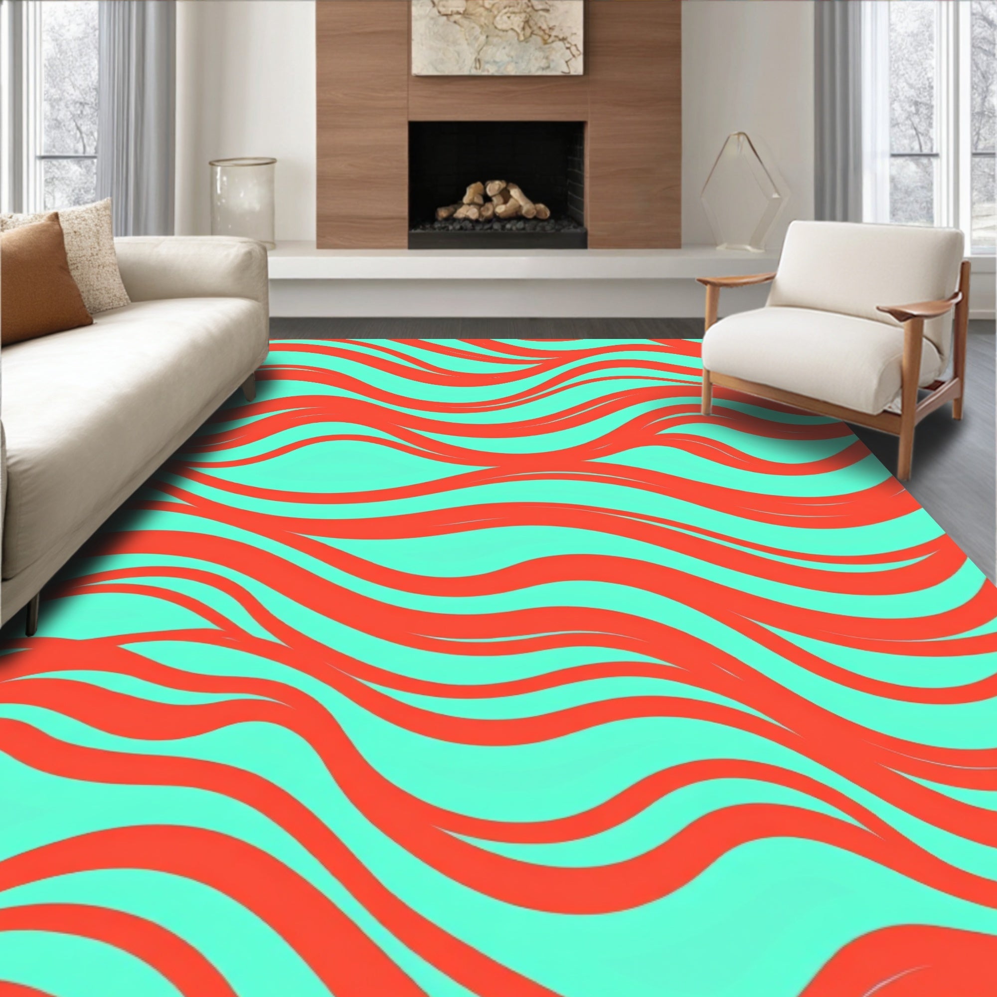Coral Aqua Flowing Waves Rug