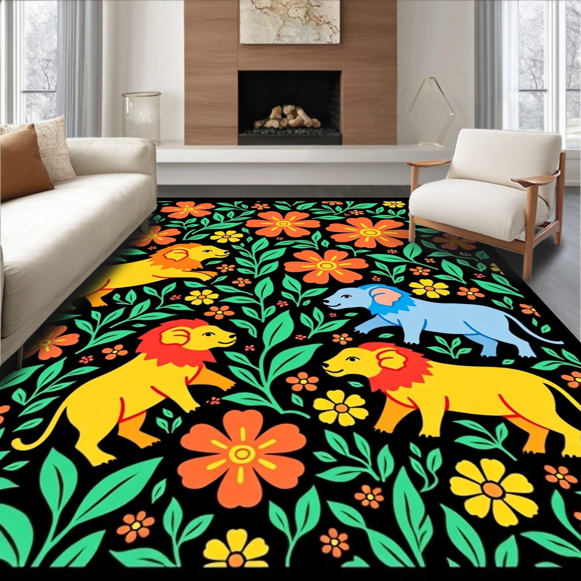 Bright Yellow Lions Green Foliage Rug