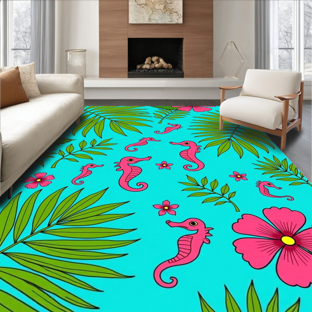 Tropical Pink Seahorse Leaf Shower Rug