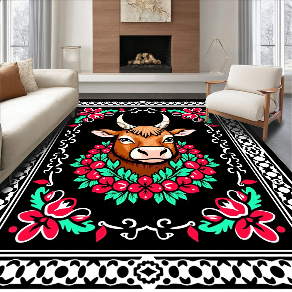 Brown Bull Floral Wreath Border Rug