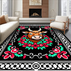 Brown Bull Floral Wreath Border Rug