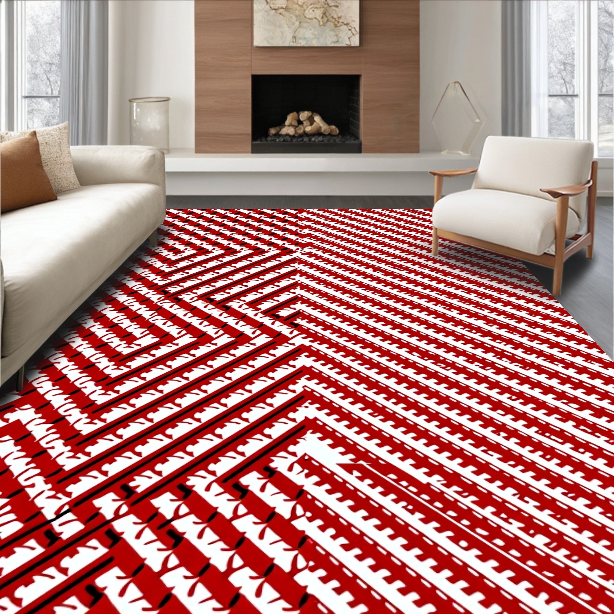 Red And White Diagonal Stripe Rug