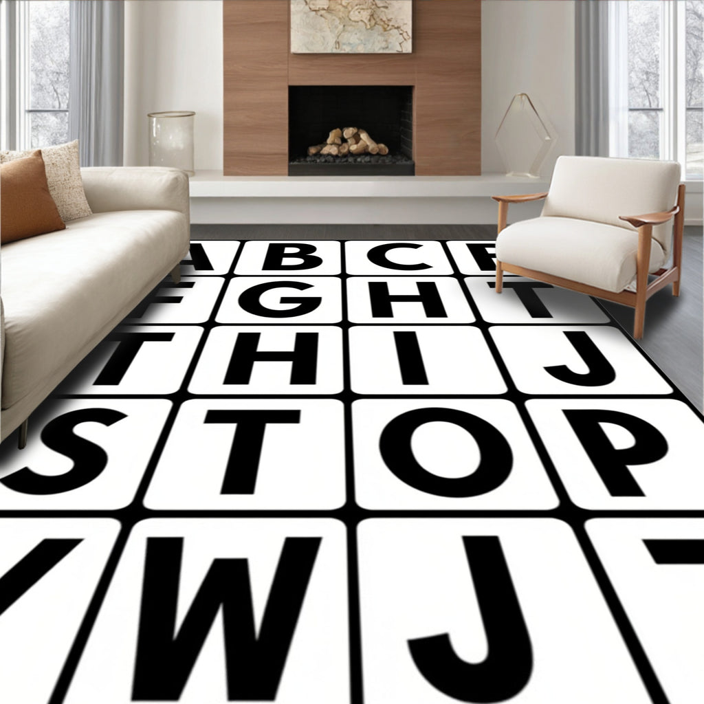 Alphabet Blocks Black White Grid Rug