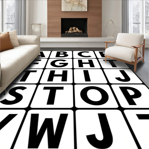 Alphabet Blocks Black White Grid Rug