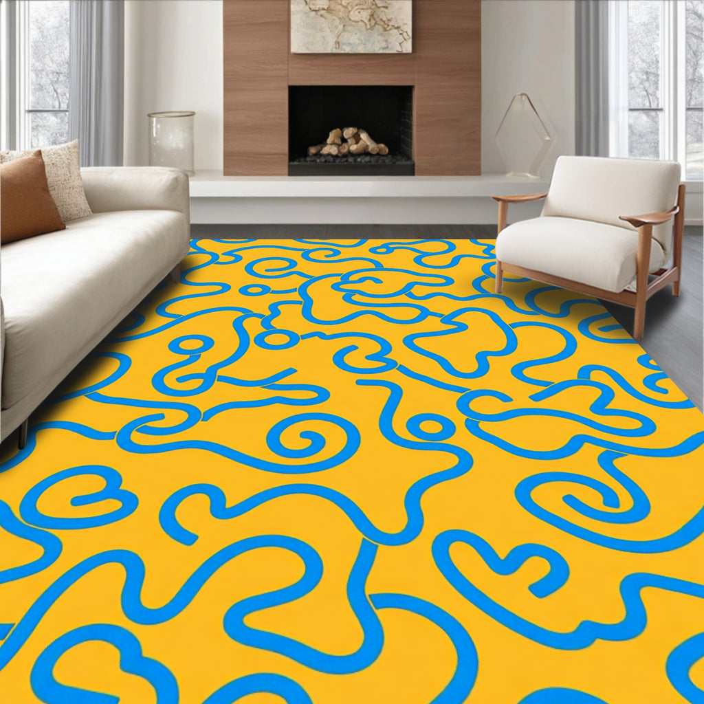Bright Yellow Blue Wavy Line Art Rug