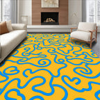 Bright Yellow Blue Wavy Line Art Rug