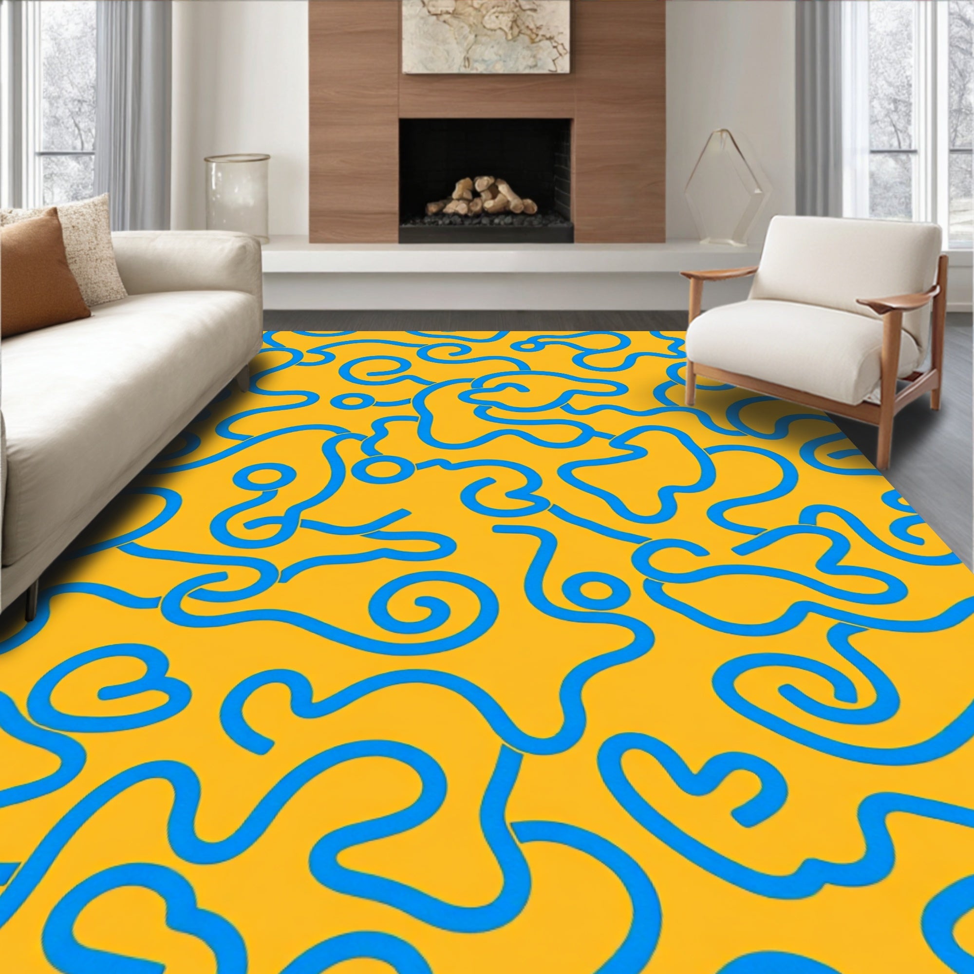 Bright Yellow Blue Wavy Line Art Rug