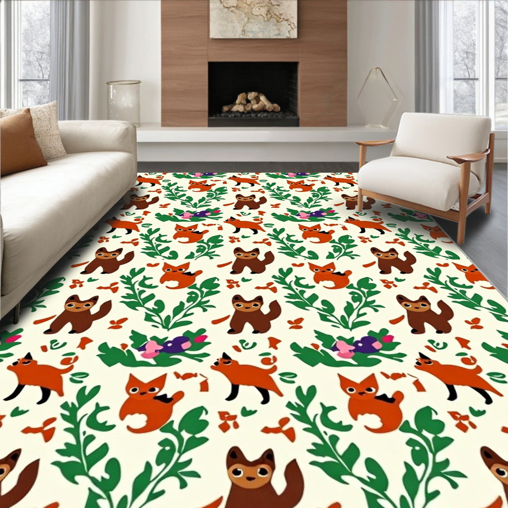 Whimsical Woodland Fox and Cat Companions Rug