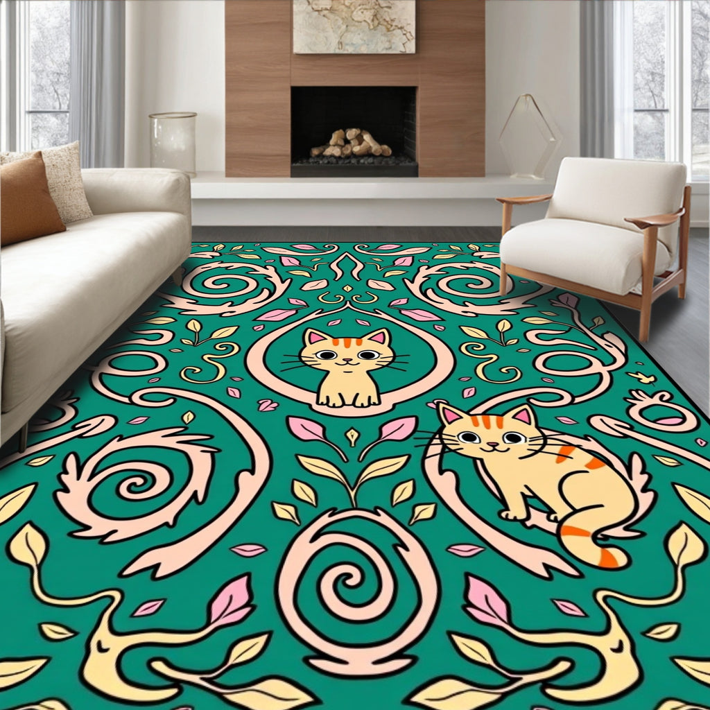 Whimsical Cream Cats Floral Swirl Green Rug