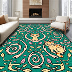 Whimsical Cream Cats Floral Swirl Green Rug