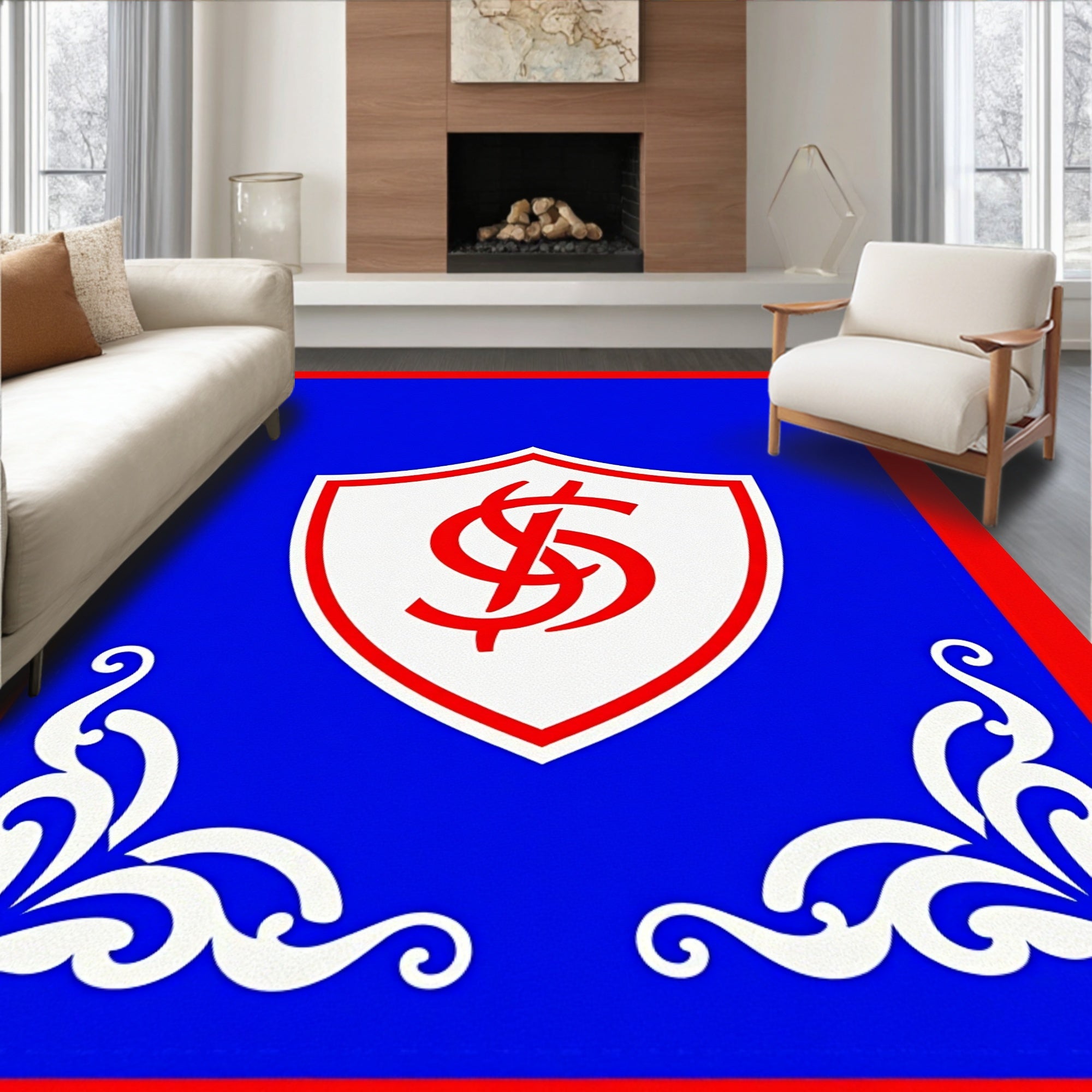 Bold Red and Blue Crest Emblem Rug