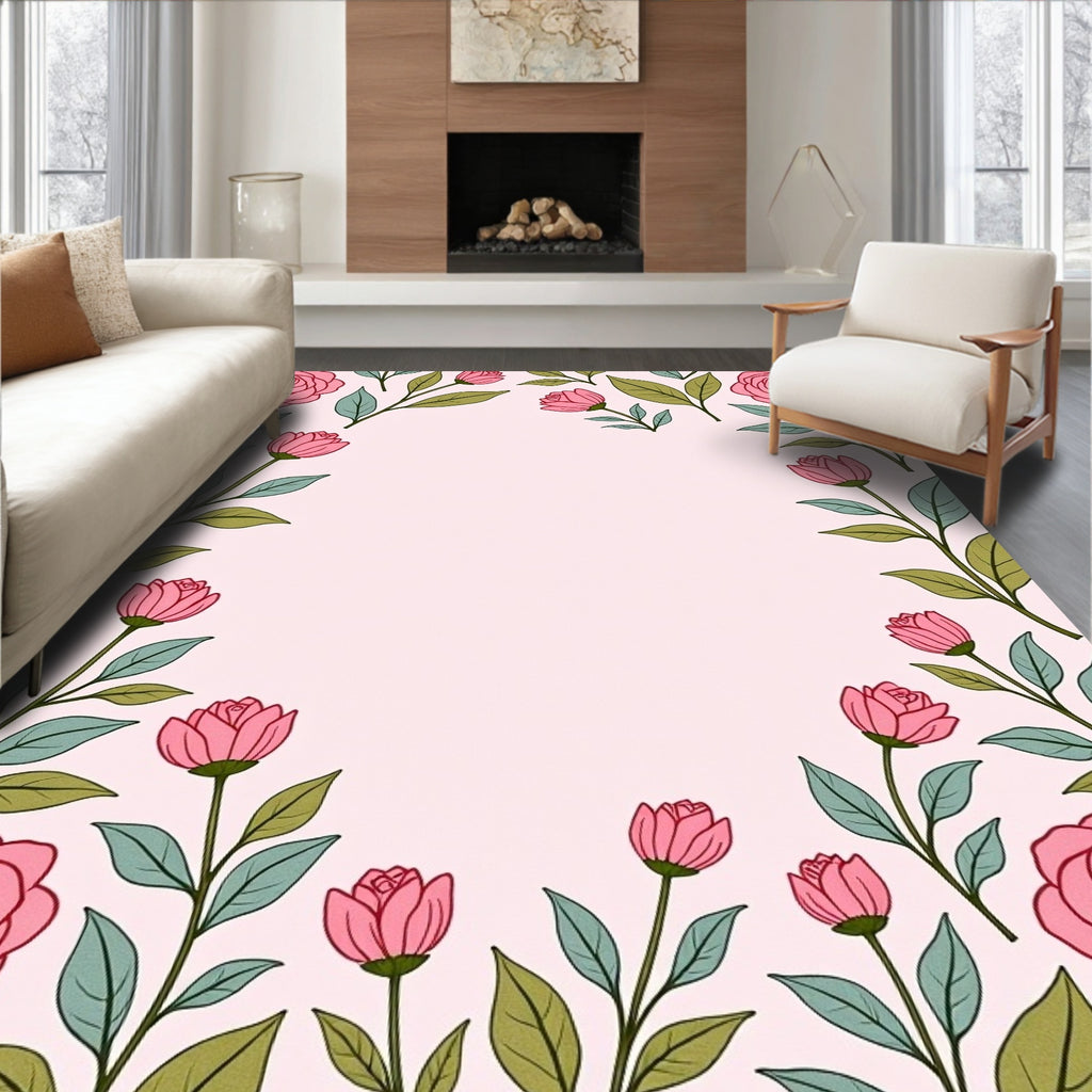 Pink Garden Rose Floral Frame Rug