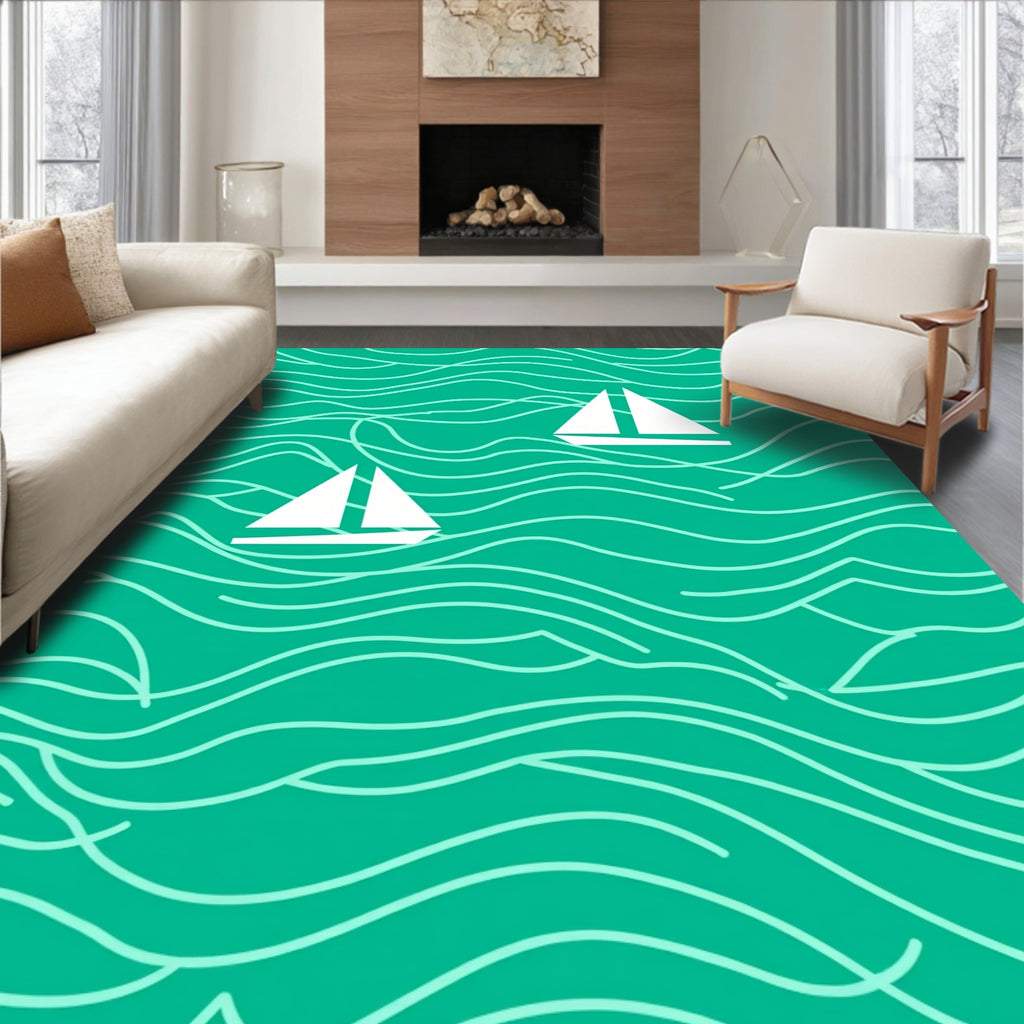 Teal Ocean Sailboat Waves Rug