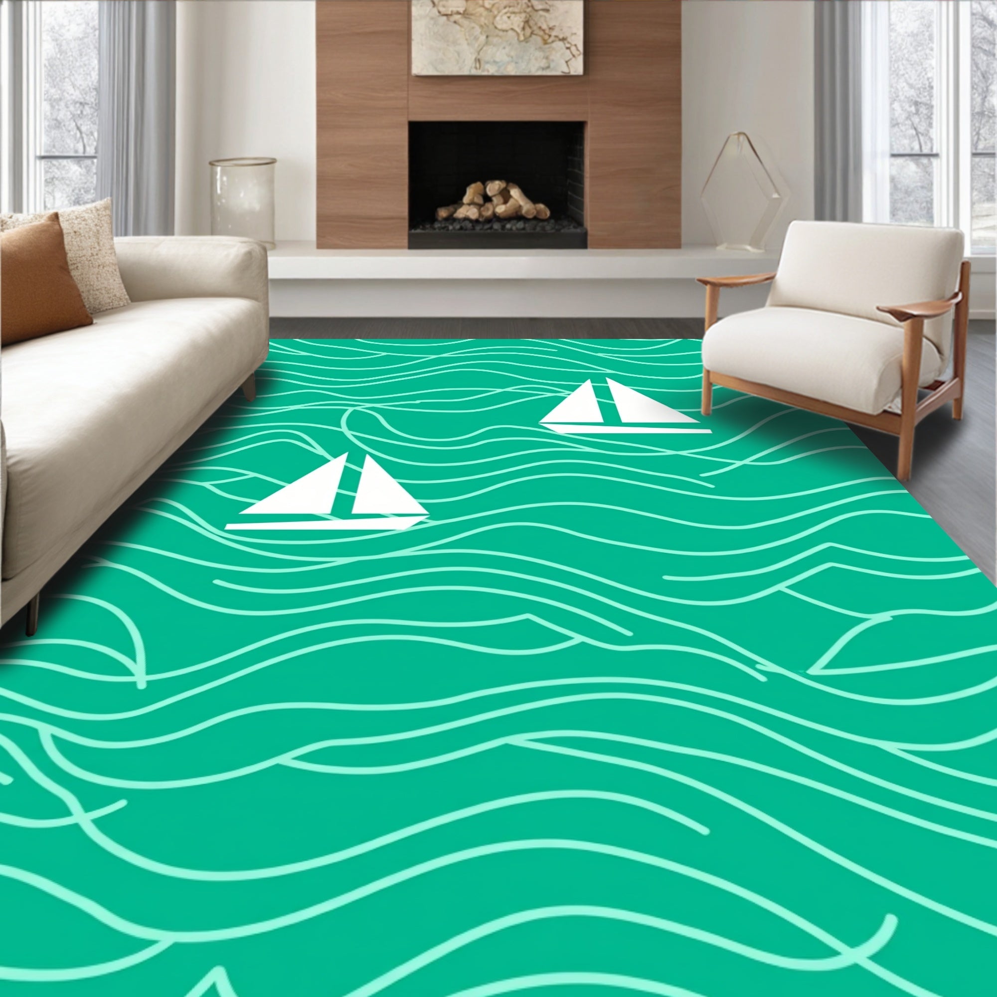 Teal Ocean Sailboat Waves Rug