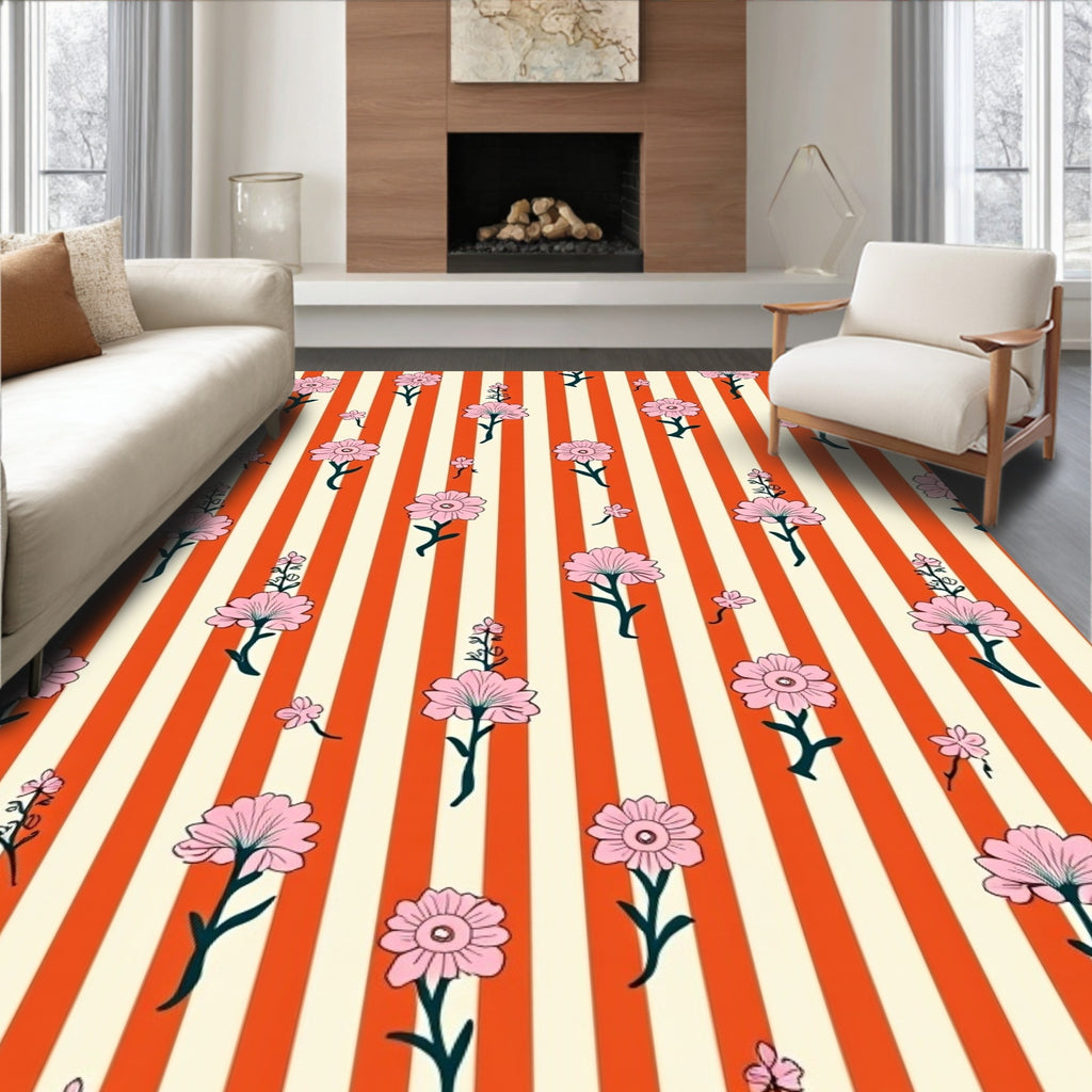 Pink Floral Cream Orange Stripes Rug