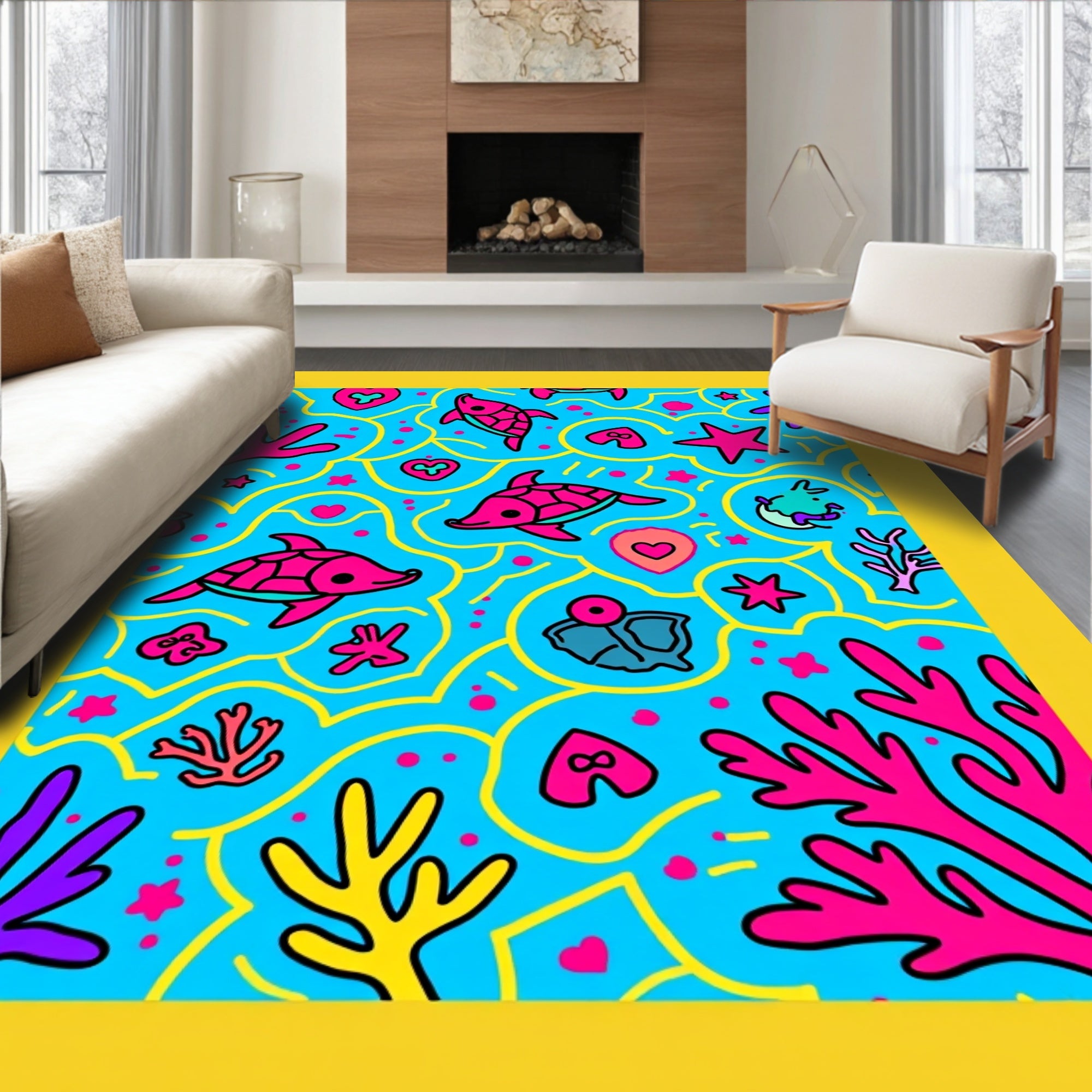 Vibrant Aqua Sea Turtle Coral Scene Rug