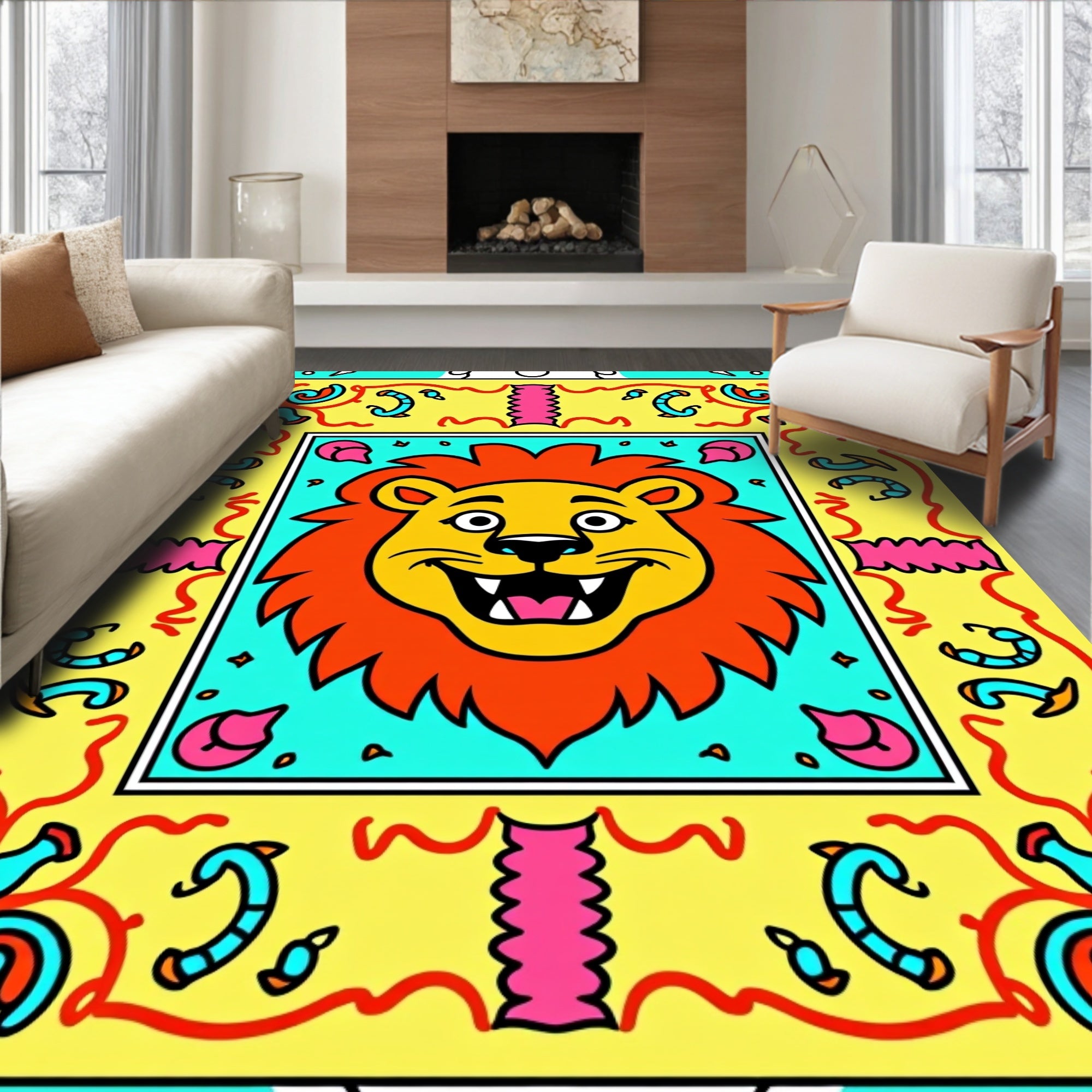 Joyful Yellow Lion Face Garden Rug