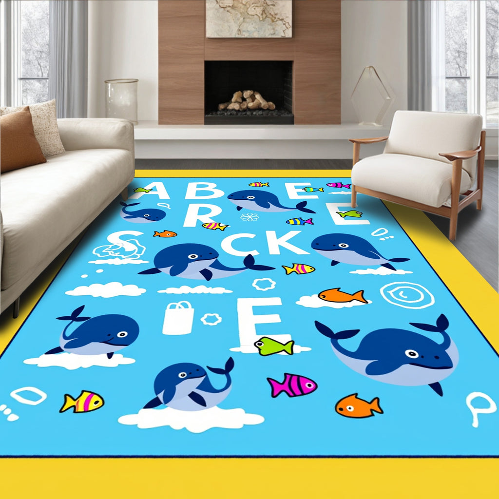 Blue Whimsical Cartoon Whale Alphabet Rug