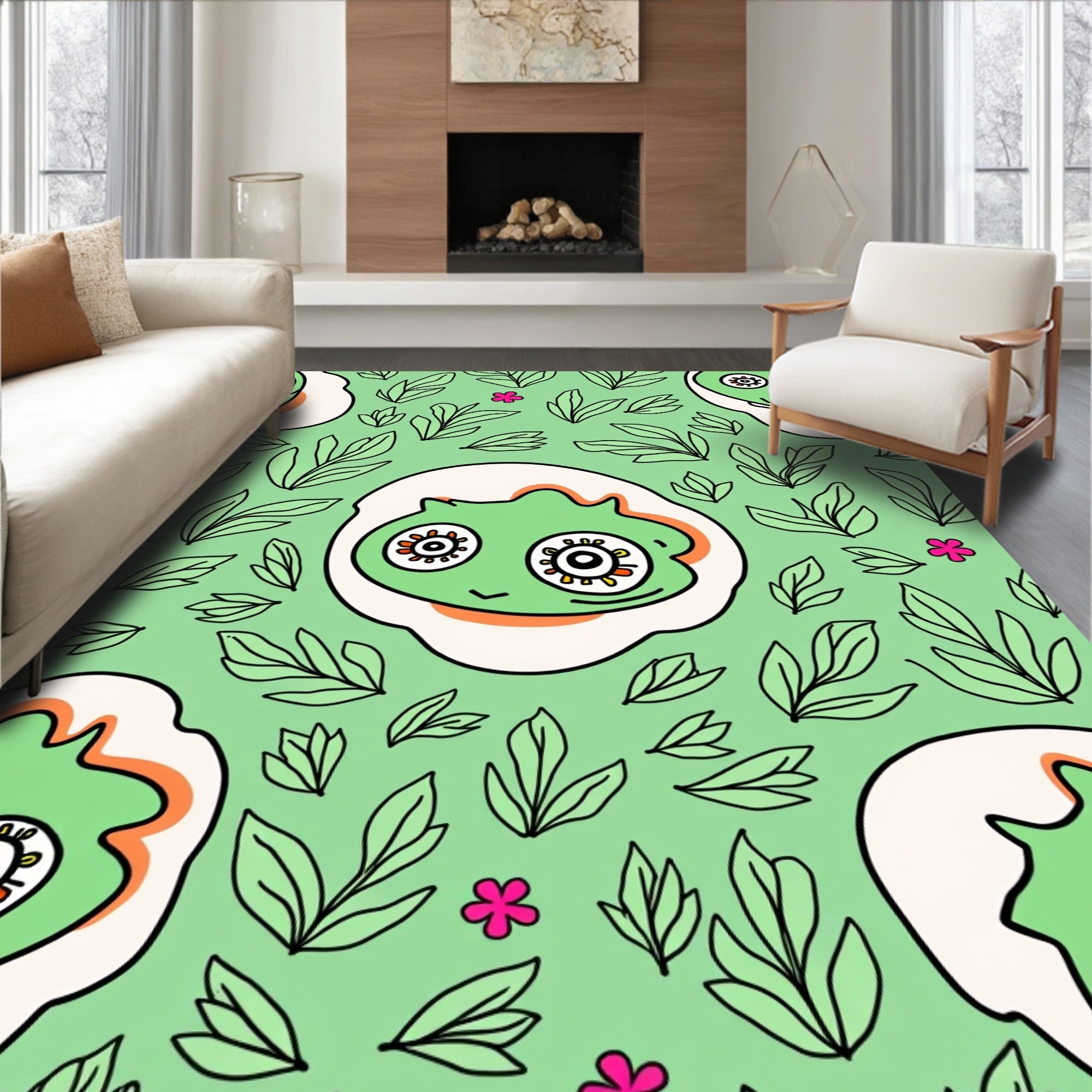Whimsical Green Alien Floral Garden Rug