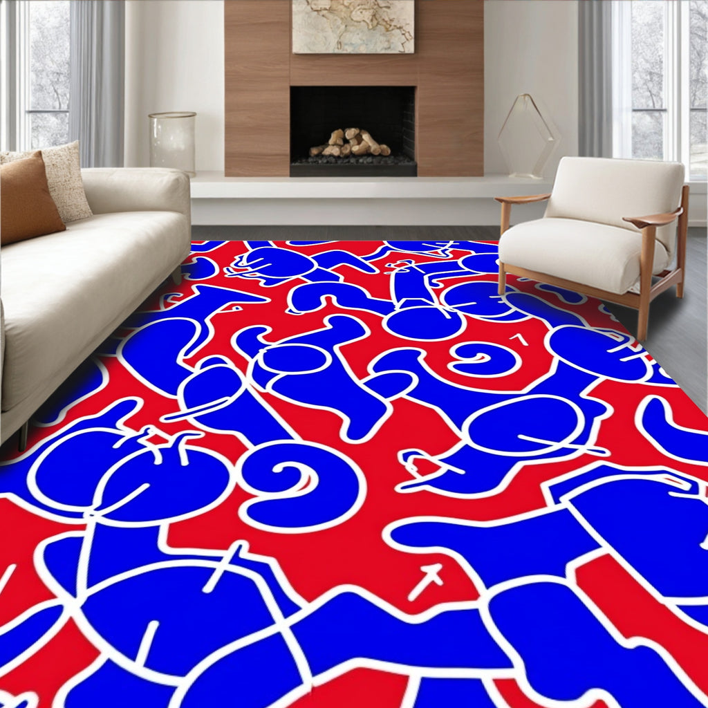 Bold Blue Abstract Figures Red Background Rug